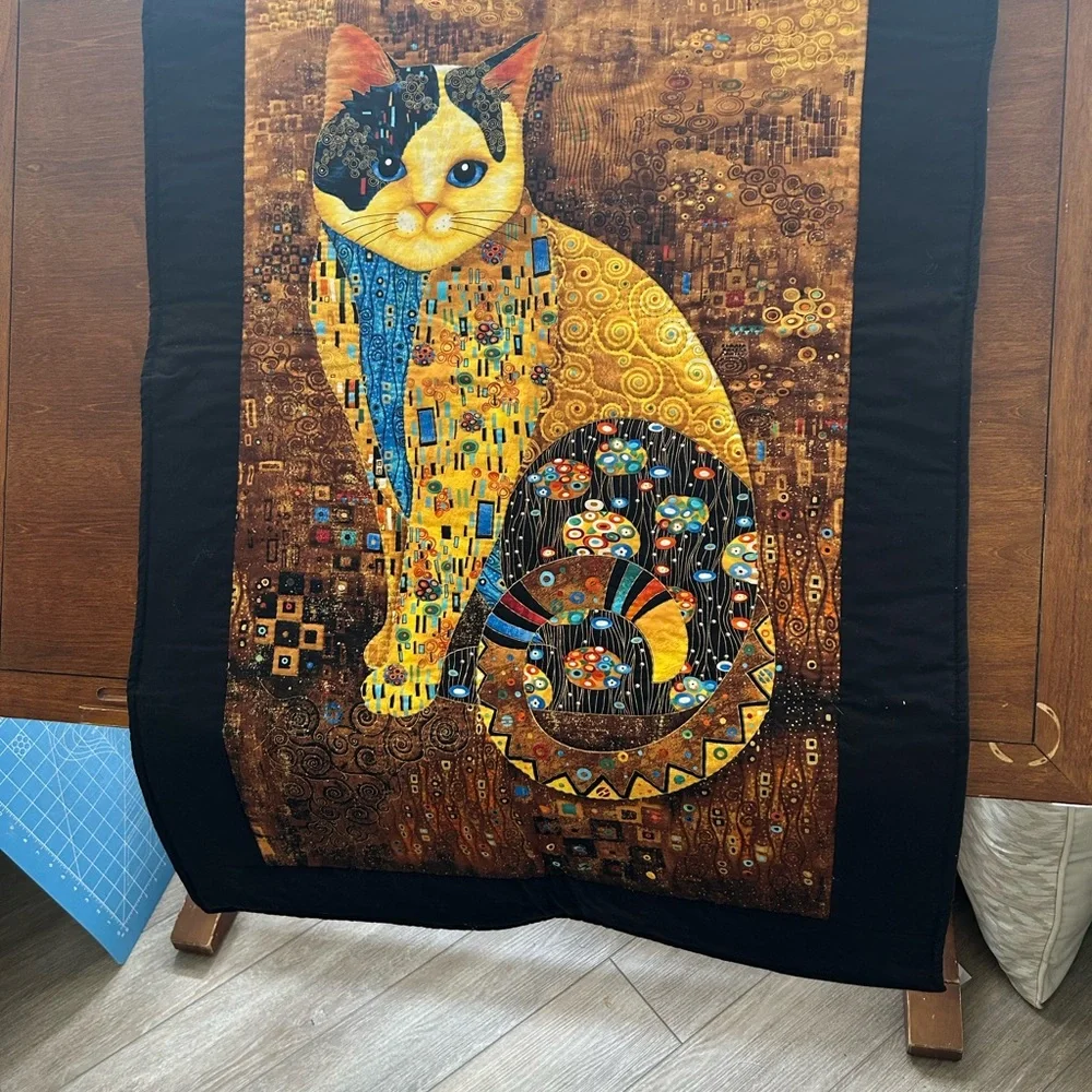 Hand Quilted Pre Printed Panel Klimt Inspired Cat Lap Quilt or Wall Hanging